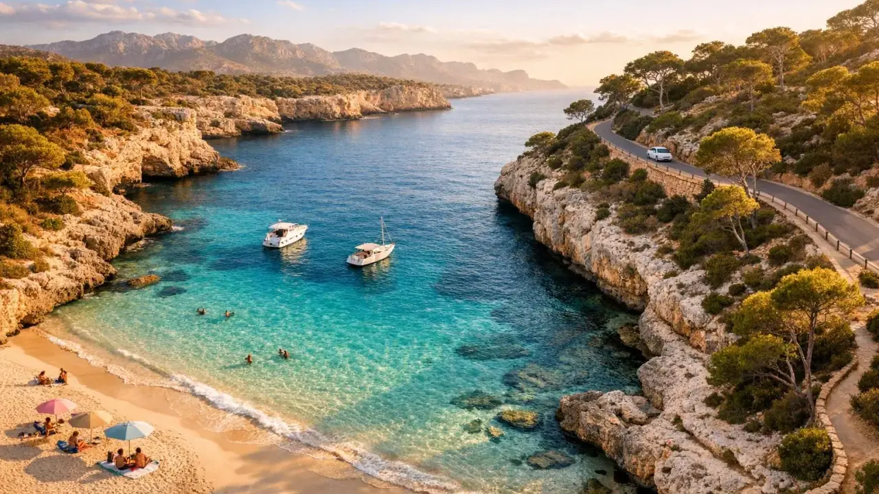 Malownicza zatoka z turkusową wodą, plażą i łodziami. Idealne miejsce, by sprawdzić, co zobaczyć na Palma de Mallorca.