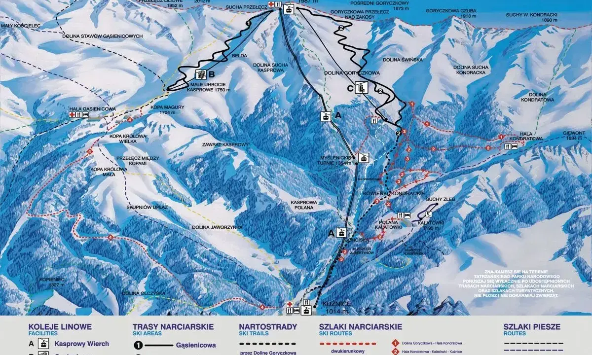 Mapa Tatr z zaznaczonymi trasami narciarskimi na Kasprowy Wierch. Widoczne koleje linowe i szlaki.