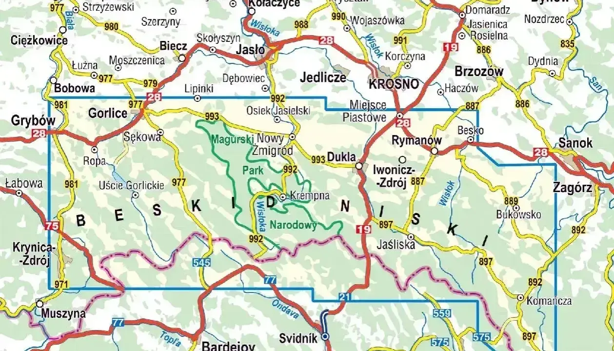 Mapa turystyczna z zaznaczonymi **beskid niski szczyty** i szlakami. Widoczne miejscowości: Gorlice, Krosno, Jasło, Dukla, Sanok.