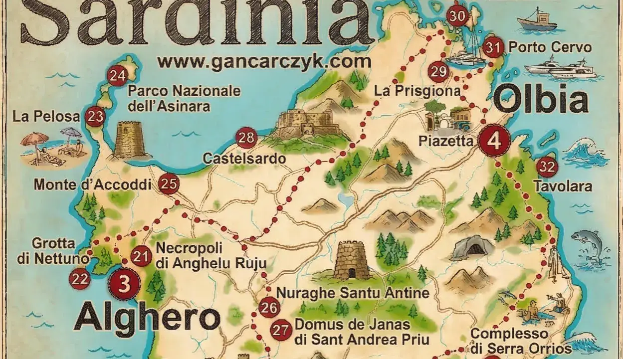 Mapa Sardynii z zaznaczonymi atrakcjami: Alghero, Olbia, Porto Cervo. Idealna do planowania, co zobaczyć na Sardynii, blog podróżniczy.