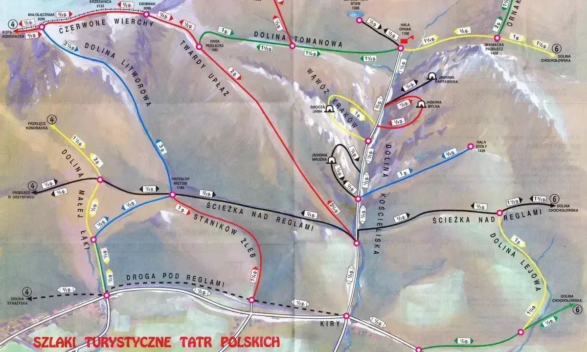 Mapa turystyczna Tatr z zaznaczonym szlakiem przez Dolinę Kościeliską.