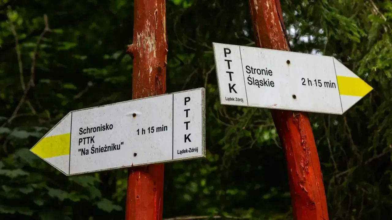 Rozdroże szlaków PTTK. Jeden kieruje do schroniska "Na Śnieżniku" (1h 15 min), drugi do Stronia Śląskiego (2h 15 min). To początek najładniejszy szlak na Śnieżnik!