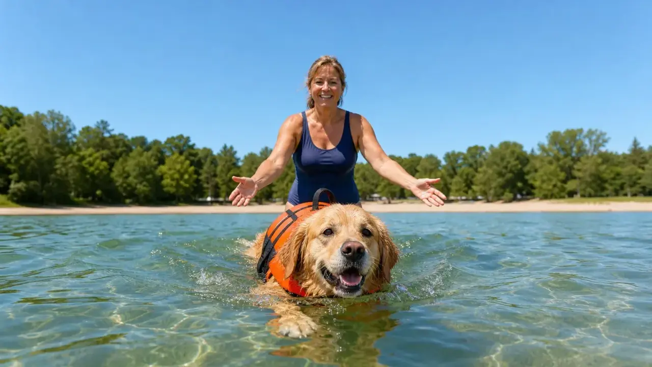 Kobieta z radością wita pływającego w jeziorze golden retrievera w kamizelce ratunkowej. Czy każdy pies umie pływać? Ten na pewno tak!