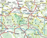 Mapa turystyczna z zaznaczonymi **beskid niski szczyty** i szlakami. Widoczne miejscowości: Gorlice, Krosno, Jasło, Dukla, Sanok.
