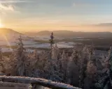 Zimowy zachód słońca nad borową górą. Śnieg pokrywa drzewa i krajobraz, tworząc magiczną scenerię.