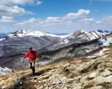 Mężczyzna w czerwonej kurtce uprawia nordic walking na górskim szlaku. W tle ośnieżone szczyty i las.
