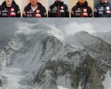 Wielki, śnieżny **broad peak szczyt** w chmurach. U góry portrety alpinistów w kurtkach z logo ORLEN.