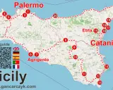 Mapa Sycylii z zaznaczonymi trasami zwiedzania. Widoczne Palermo, Etna, Katania, Agrigento. Dostępny darmowy przewodnik.