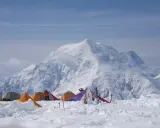Namiotowy obóz na tle majestatycznego, ośnieżonego szczytu Denali, najwyższego szczytu Ameryki Północnej.