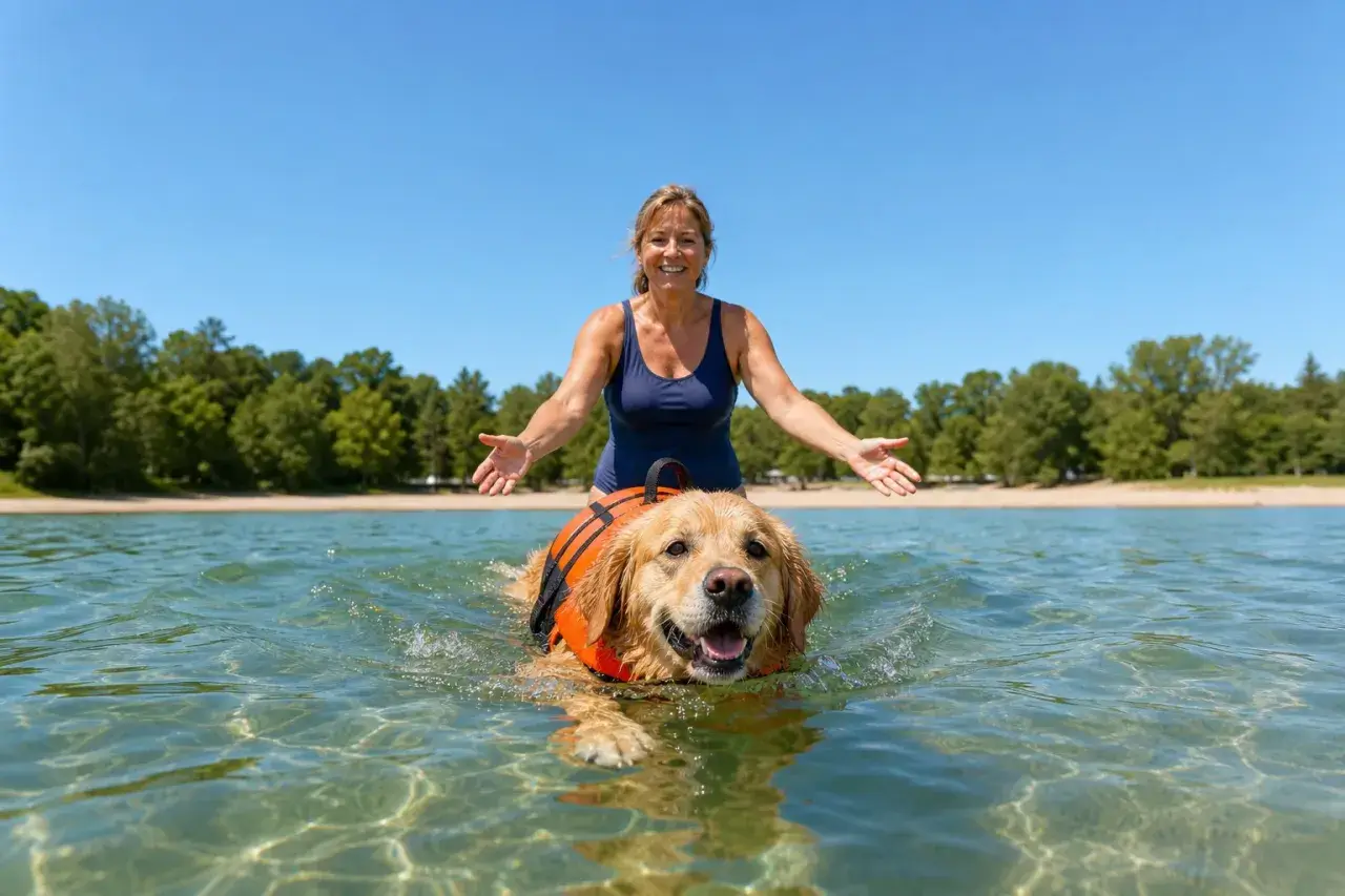 Kobieta z radością wita pływającego w jeziorze golden retrievera w kamizelce ratunkowej. Czy każdy pies umie pływać? Ten na pewno tak!