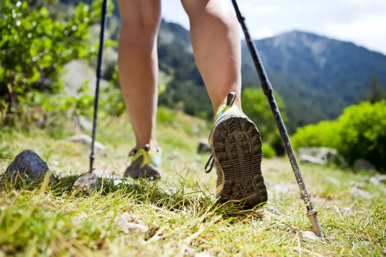 Nogi w butach trekkingowych i kije do nordic walking na górskim szlaku.