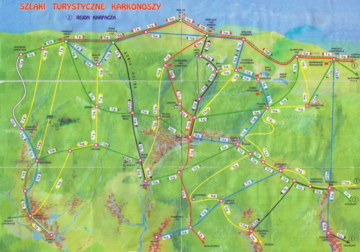 Mapa Karkonoszy z zaznaczonymi szlakami. Na mapie widać, ile się idzie na Śnieżkę, pokazane są czasy przejścia między punktami.