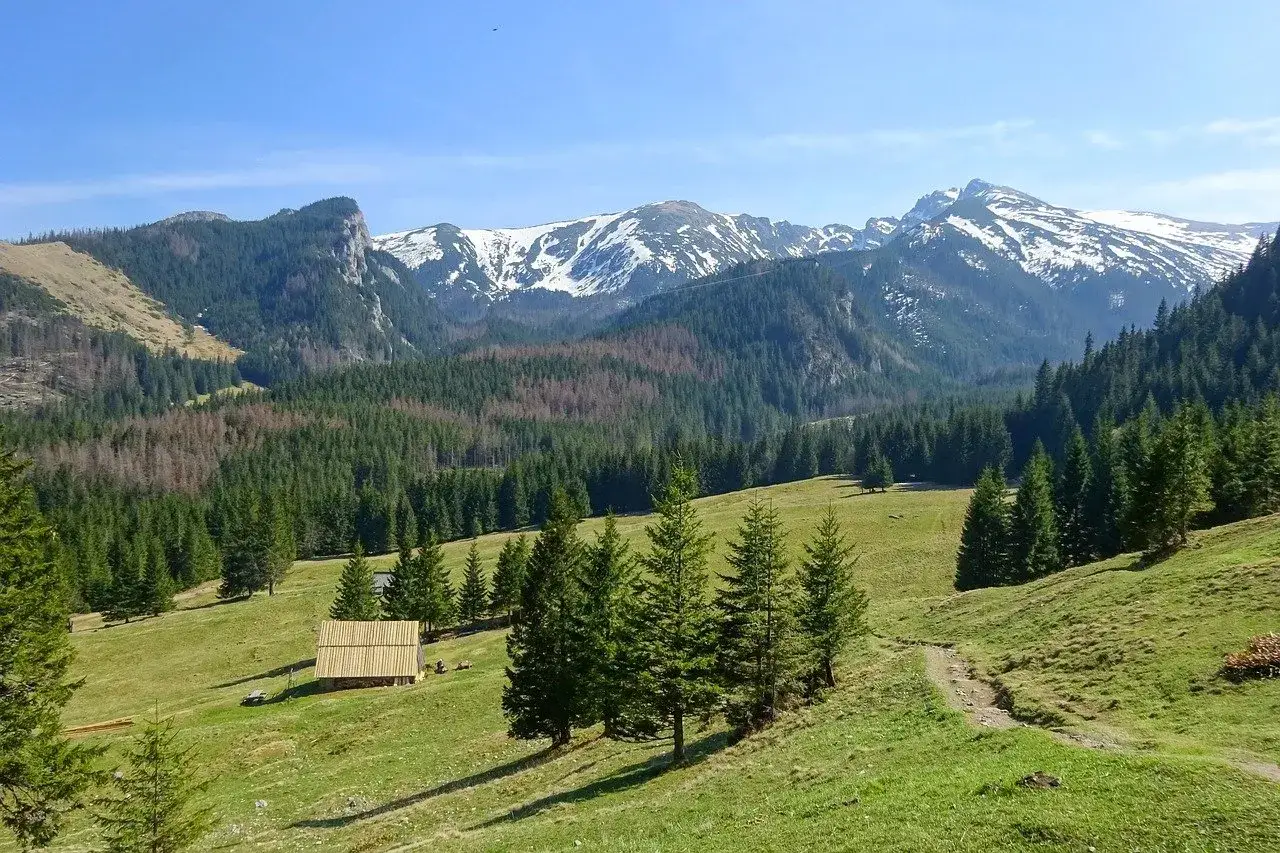 Piękne Tatry, idealne szlaki dla początkujących. Drewniana chata na zielonej hali, las i ośnieżone szczyty w tle.