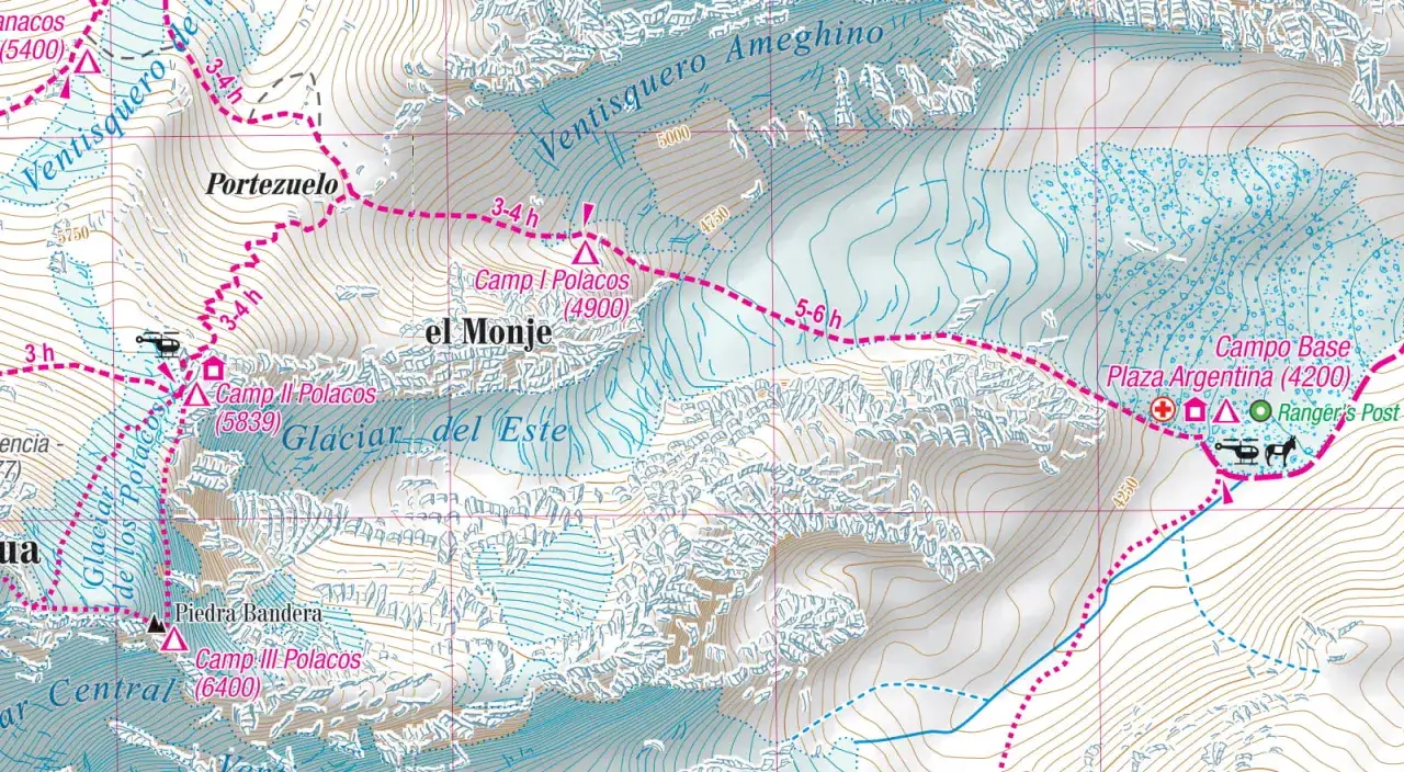 Mapa szlaków w górach z Aconcagua. Widoczne obozy, lodowce i punkty orientacyjne, np. Campo Base (4200 m).