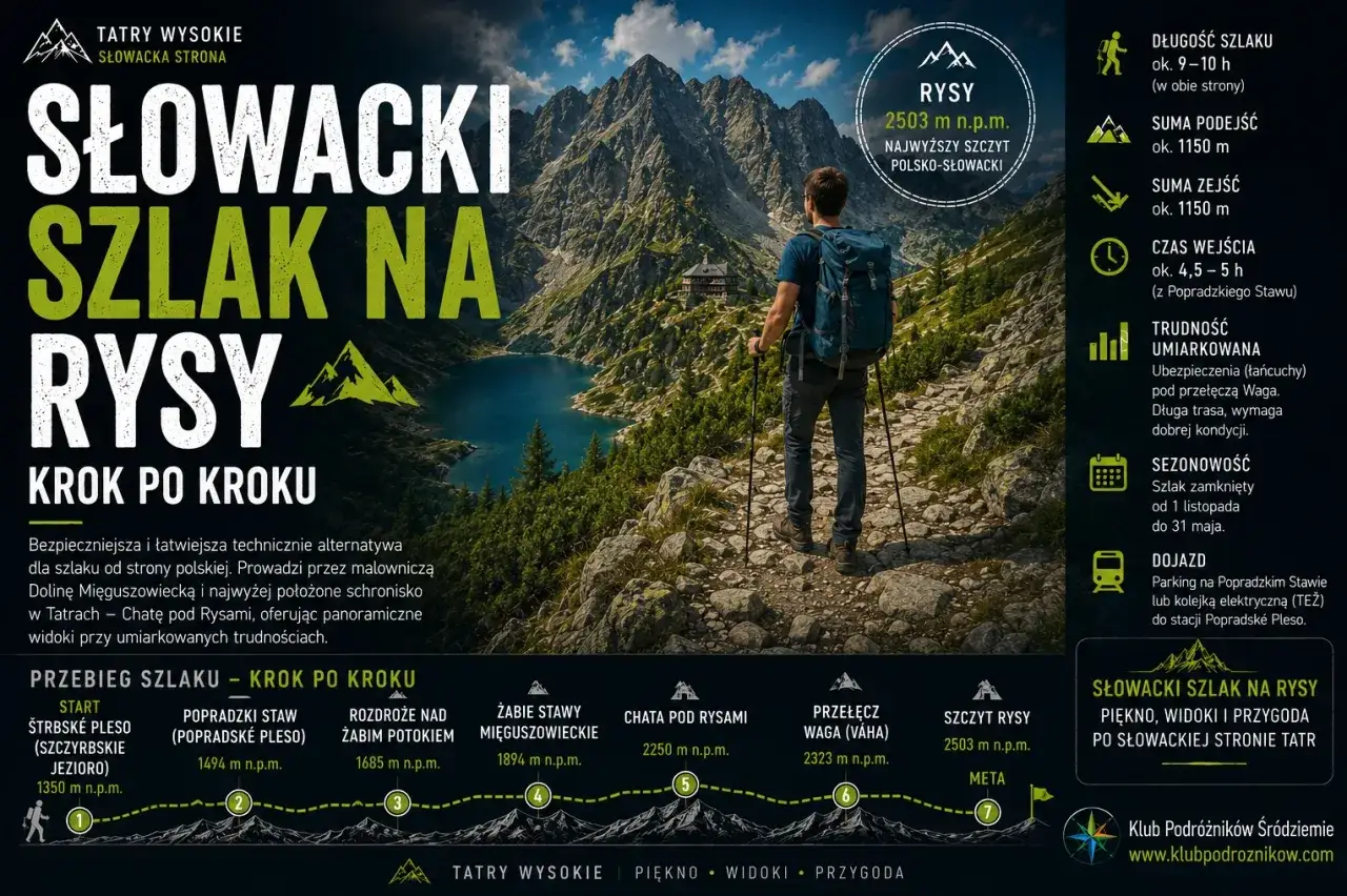 Turysta z plecakiem i kijkami na szlaku w Tatrach. Słowacki szlak na Rysy, z widokiem na jezioro i góry. Umiarkowana trudność, łańcuchy pod przełęczą Waga.