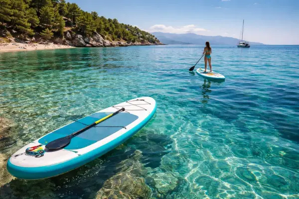 Sup chorwacja! Dwie deski SUP unoszą się na krystalicznie czystej wodzie. Jedna z nich, bliżej, ma wiosło. Na drugiej, dalej, stoi kobieta. W tle widać plażę i góry.