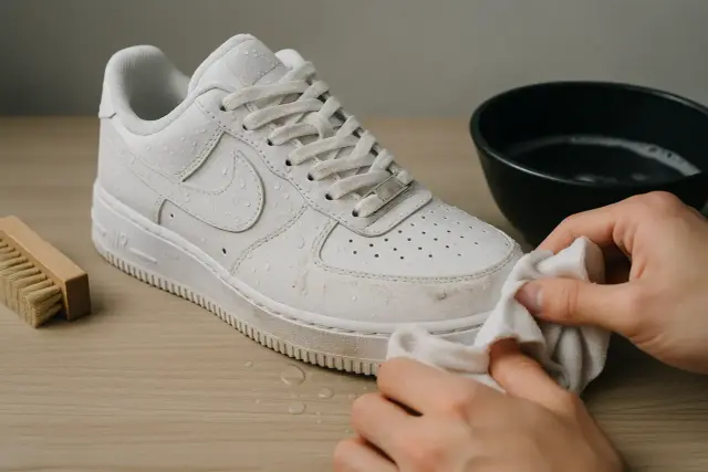 Jak wyczyścić białe buty? Ręce wycierają mokre białe sneakersy, obok szczotka i miska z wodą.