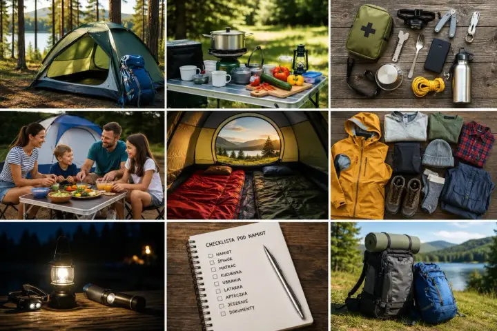 Lista rzeczy do zabrania pod namiot: namiot, śpiwór, kuchenka, latarka, apteczka, jedzenie, ubrania, dokumenty.