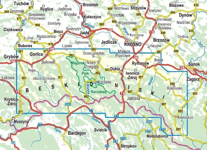 Mapa turystyczna z zaznaczonymi **beskid niski szczyty** i szlakami. Widoczne miejscowości: Gorlice, Krosno, Jasło, Dukla, Sanok.