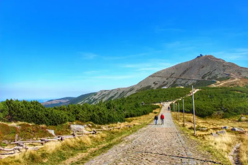 Kamienista ścieżka prowadzi na szczyt Śnieżki. Turyści idą w kierunku górskiej panoramy.